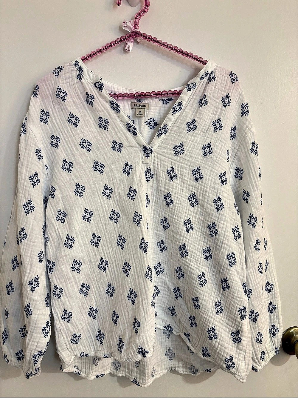 L.L.Bean Women's Cloud Gauze Splitneck Shirt Floral White & Blue Medium